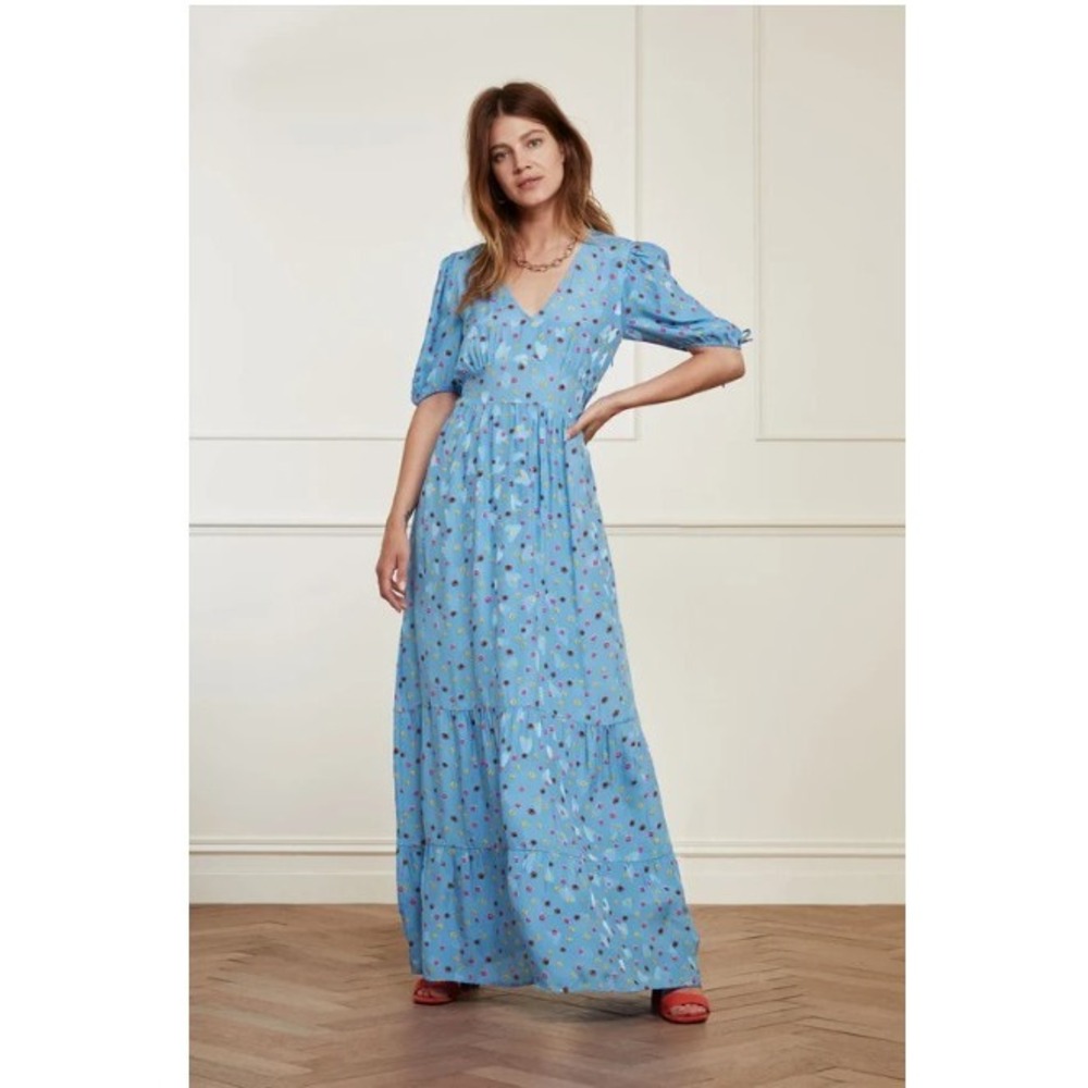 Fabienne Chapot Dipsi Blue Floral Jacquard Maxi Dress V-Neck Puff Sleeve Size 8